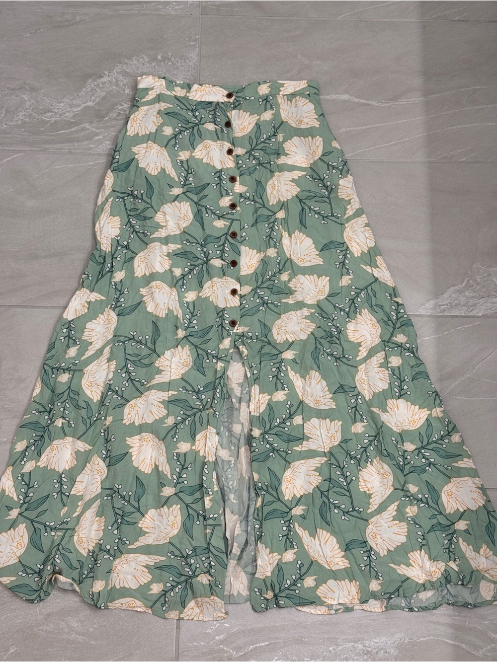 Sage Green Floral Button-Front Maxi Skirt Cottagecore Prairie